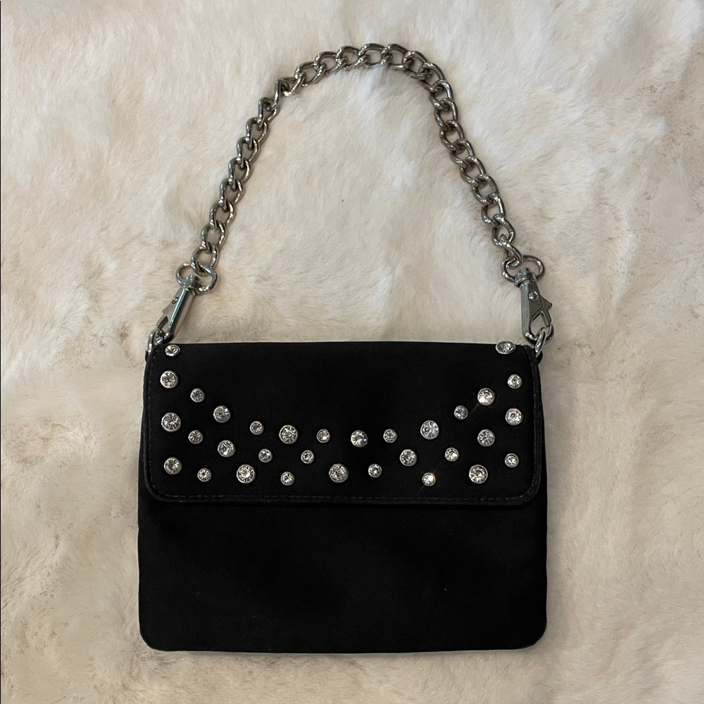 Black satin wallet on Chain Embellished with crystals